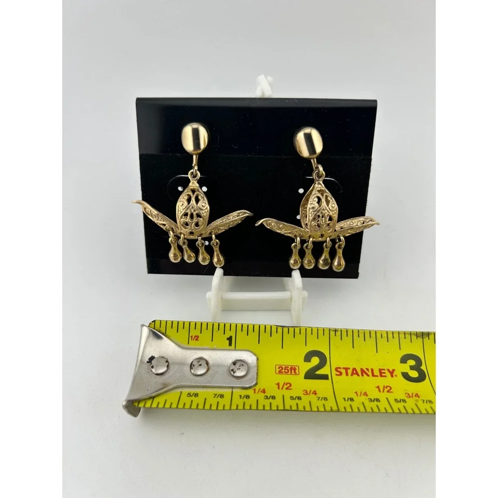 Vintage Signed Alice Elegant Gold Tone‎ Dangle Earrings Ornate Filigree Design